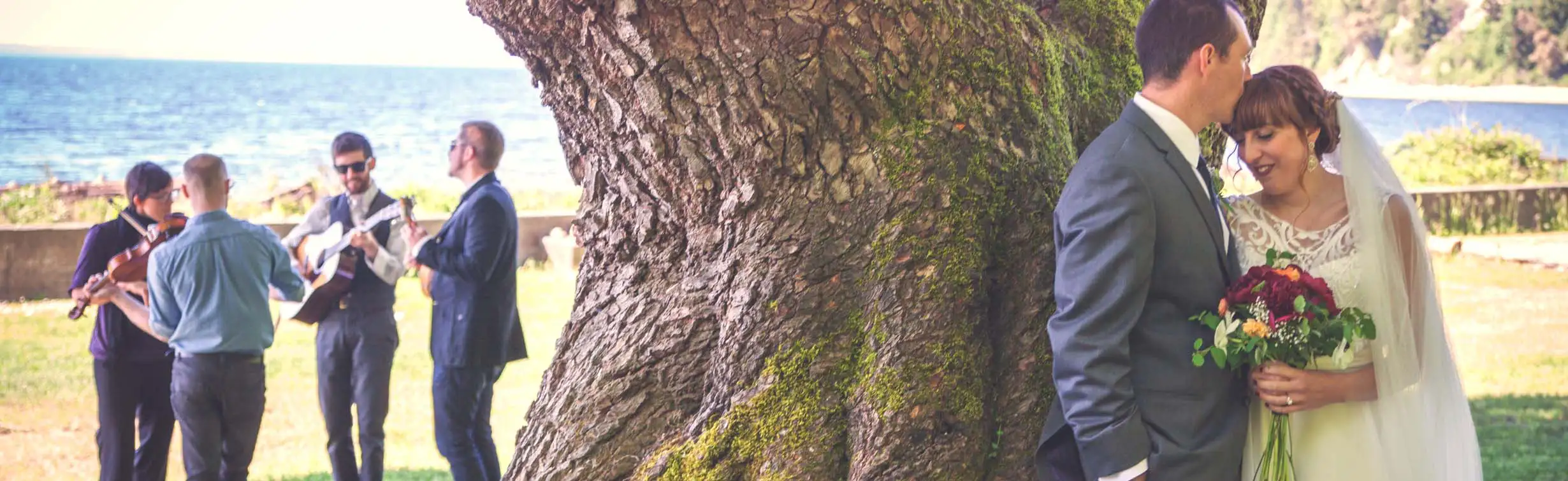 a quartet of musician plays in the background while a bride and groom embrace in front of a tree